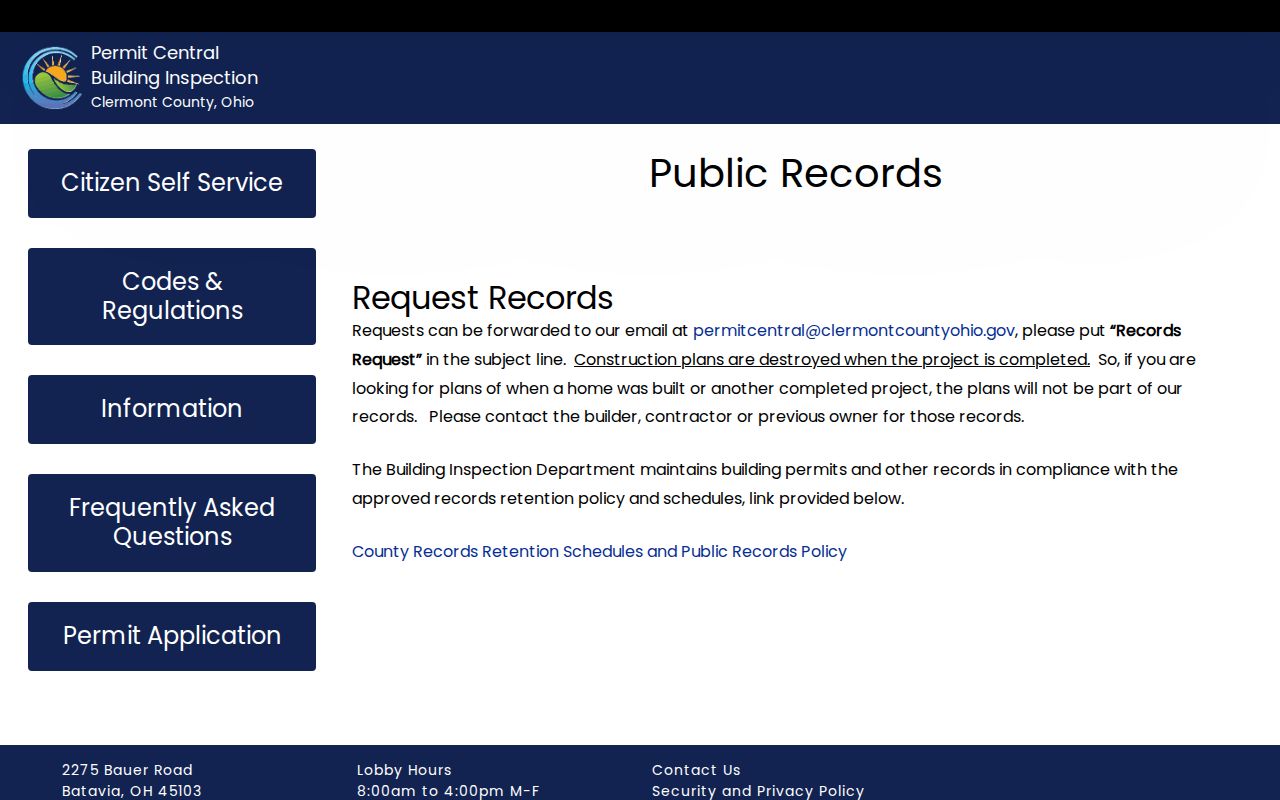 Miami Township street records Permit Central request information